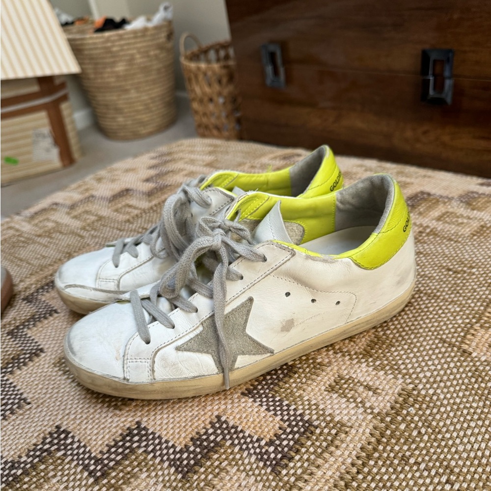 Golden Goose | Superstar Distressed Sneakers | Lime Green Backs